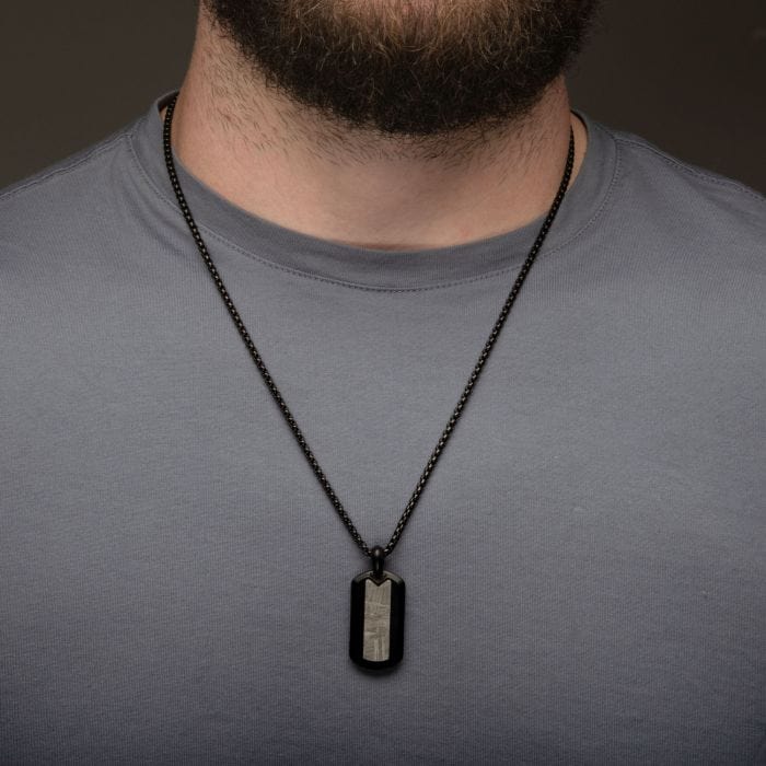INOX JEWELRY Pendants Black Stainless Steel with Meteorite Inlay Tag Pendant and Box Chain SSPMT715NK
