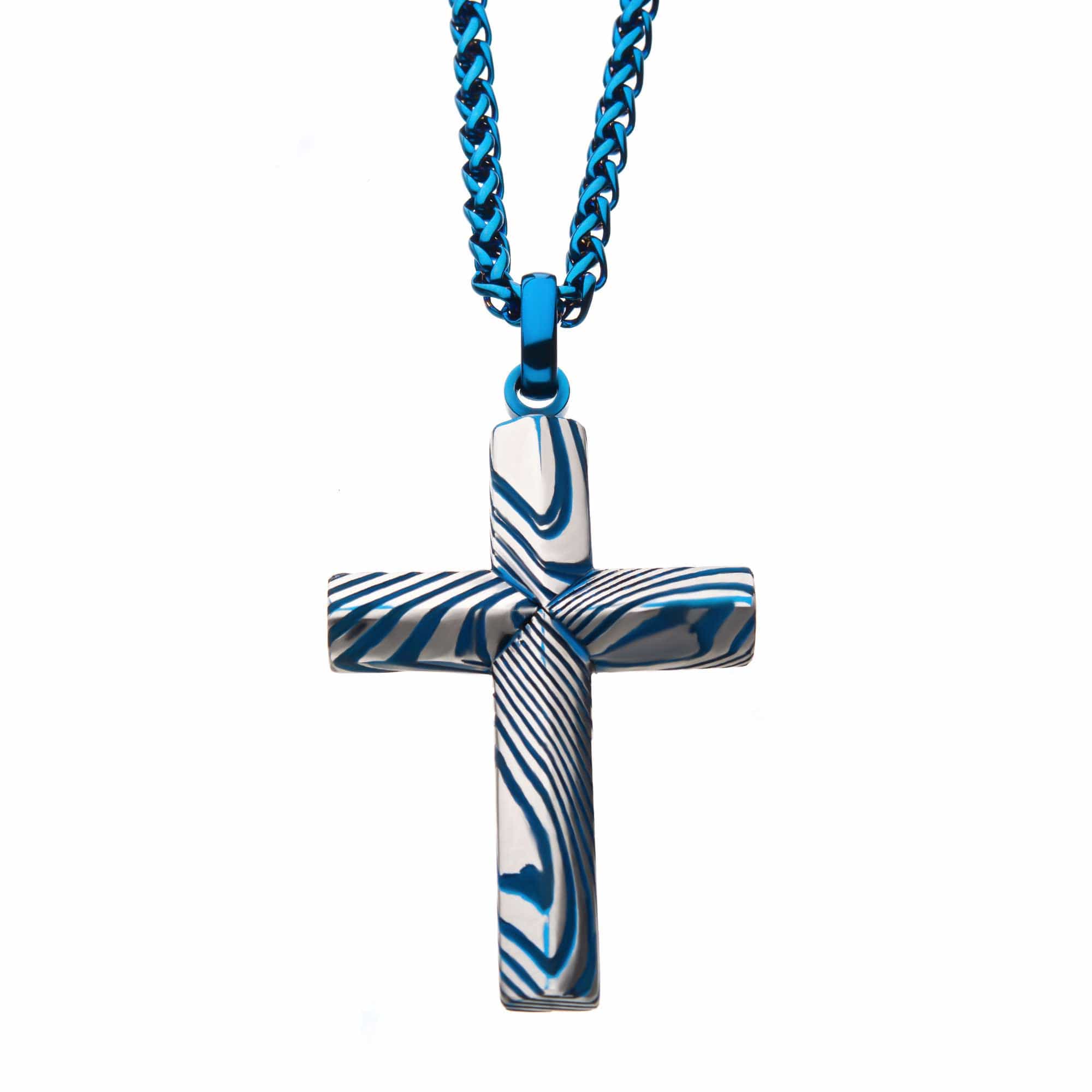 Damascus Steel Religious Cross Pendant with Blue Stainless Steel Chain