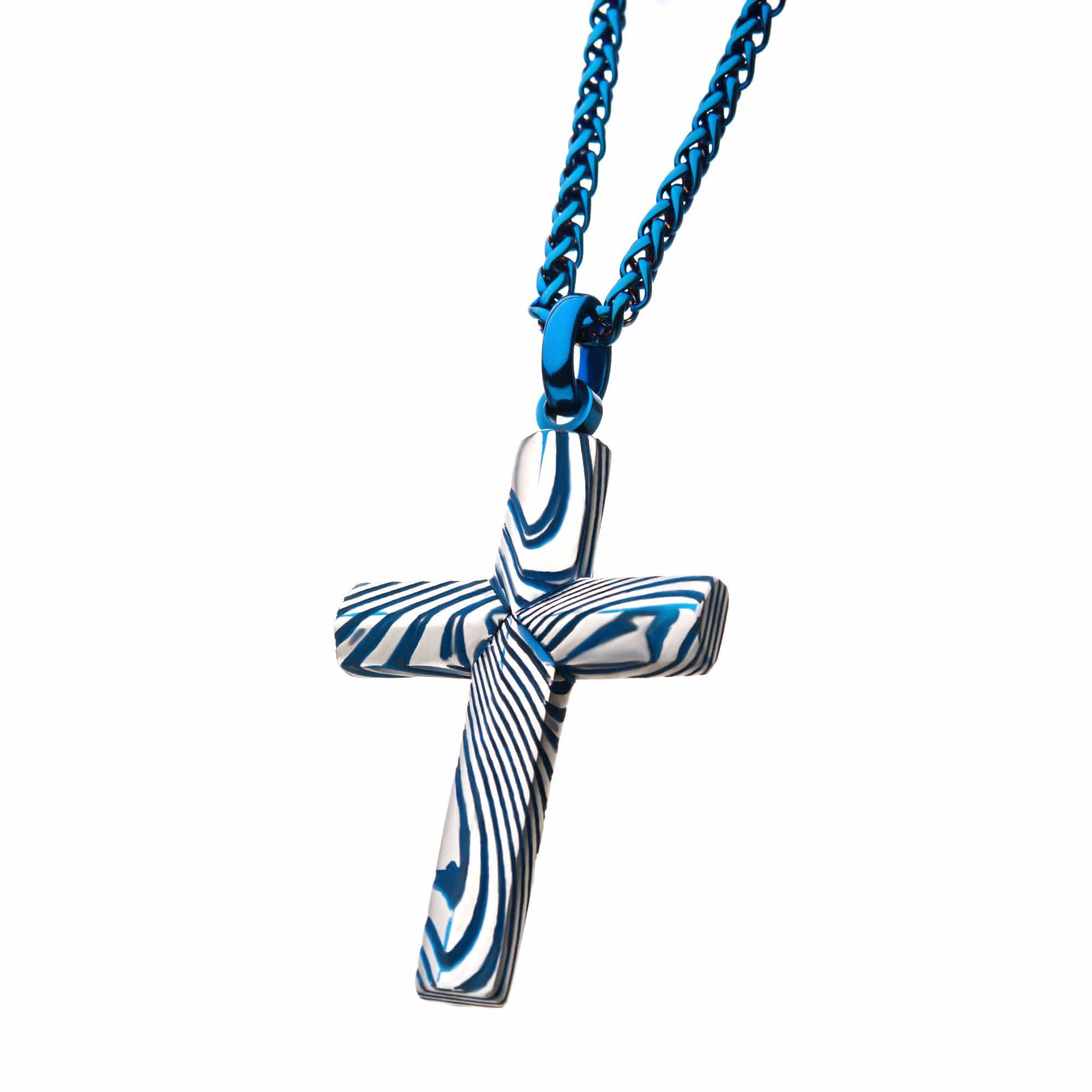 INOX JEWELRY Pendants Blue Damascus Steel Religious Cross Pendant with Blue Stainless Steel Chain SSPDMS0541BNK1