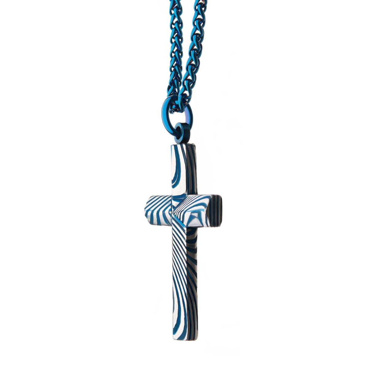 INOX JEWELRY Pendants Blue Damascus Steel Religious Cross Pendant with Blue Stainless Steel Chain SSPDMS0541BNK1
