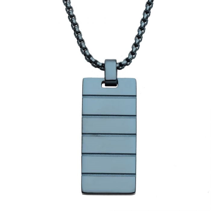 INOX JEWELRY Pendants Blue Stainless Steel Ridged Compact Tag Pendant with Blue Box Chain SSP15447BNK