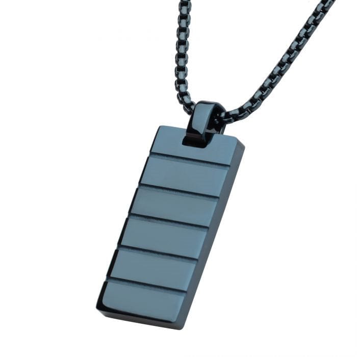INOX JEWELRY Pendants Blue Stainless Steel Ridged Compact Tag Pendant with Blue Box Chain SSP15447BNK