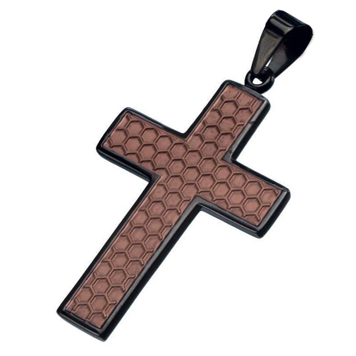 INOX JEWELRY Pendants Brown and Black Stainless Steel Honeycomb Cross Pendant SSP11266CR