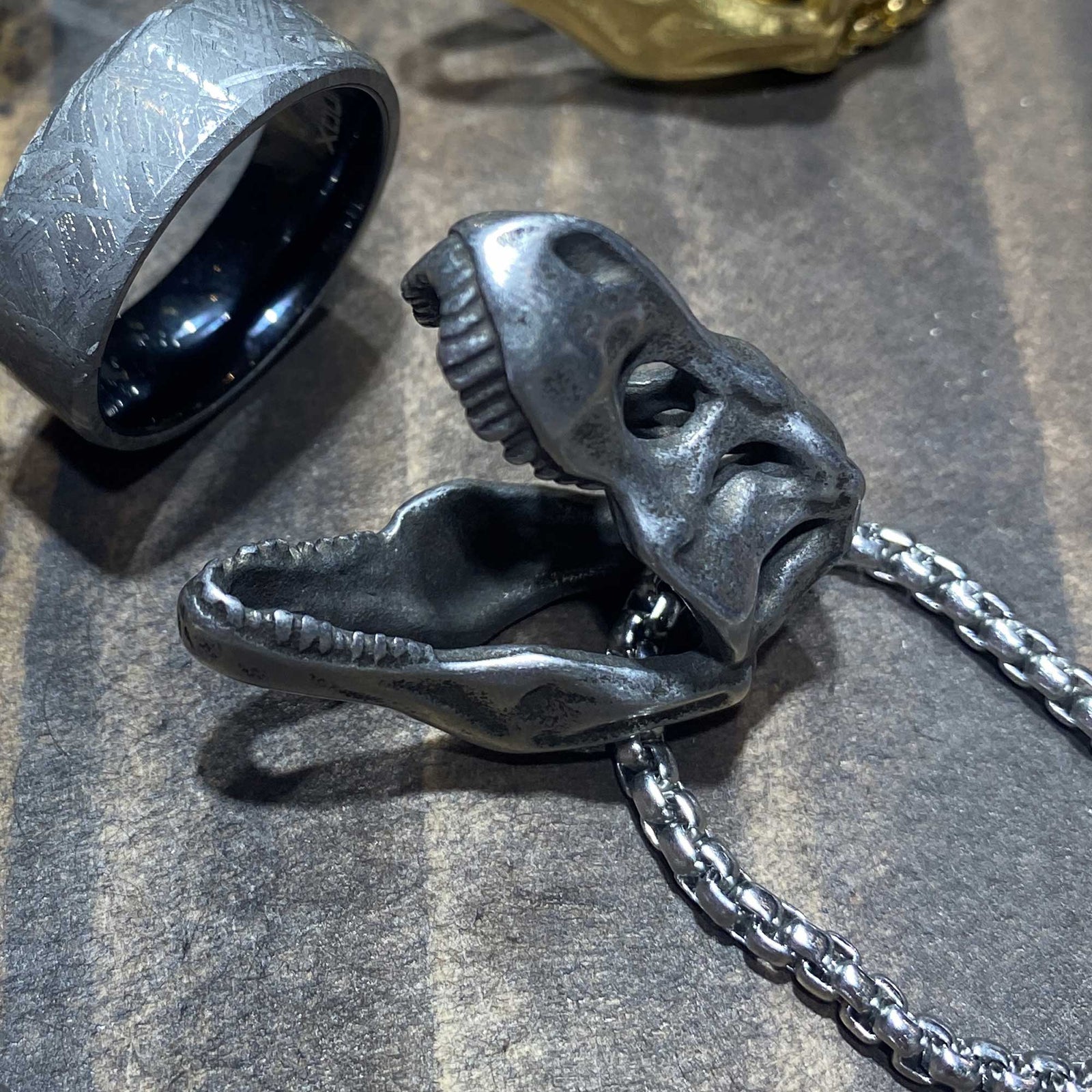 INOX JEWELRY Pendants Distressed Matte Finish Silver Tone Stainless Steel T-Rex Skull Pendant with Chain SSP057GMNK