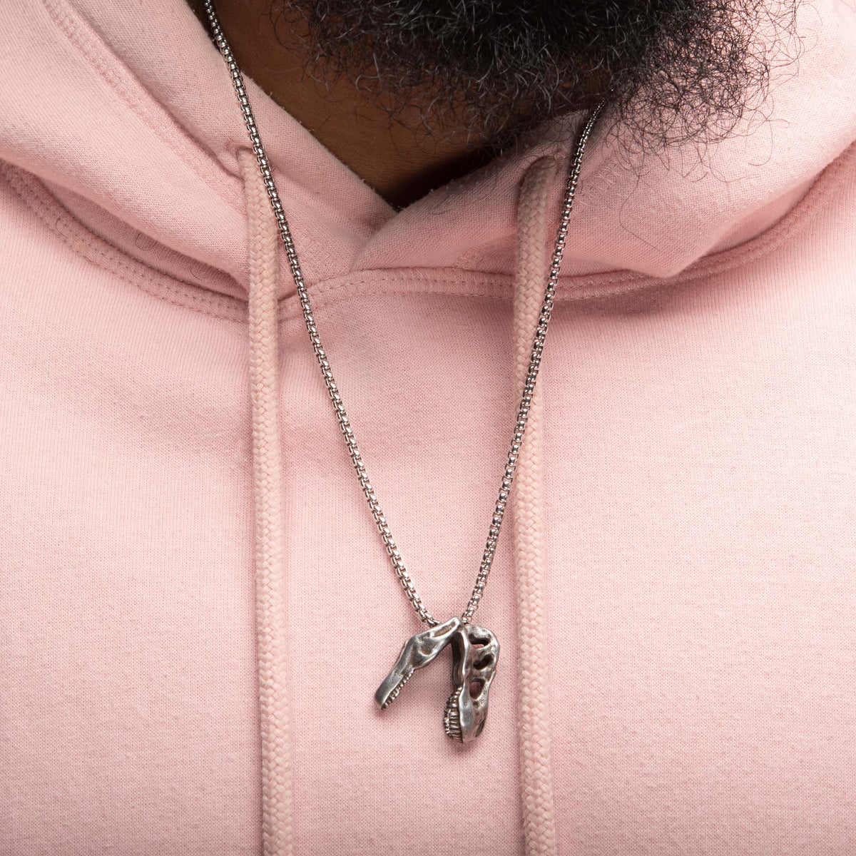 INOX JEWELRY Pendants Distressed Matte Finish Silver Tone Stainless Steel T-Rex Skull Pendant with Chain SSP057GMNK