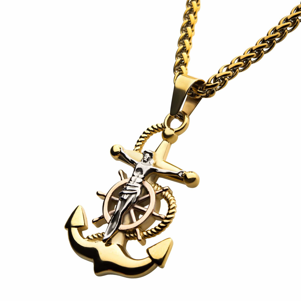 INOX JEWELRY Pendants Golden and Silver Tone Stainless Steel Anchor Design Religious Pendant with Chain SSP22506NK