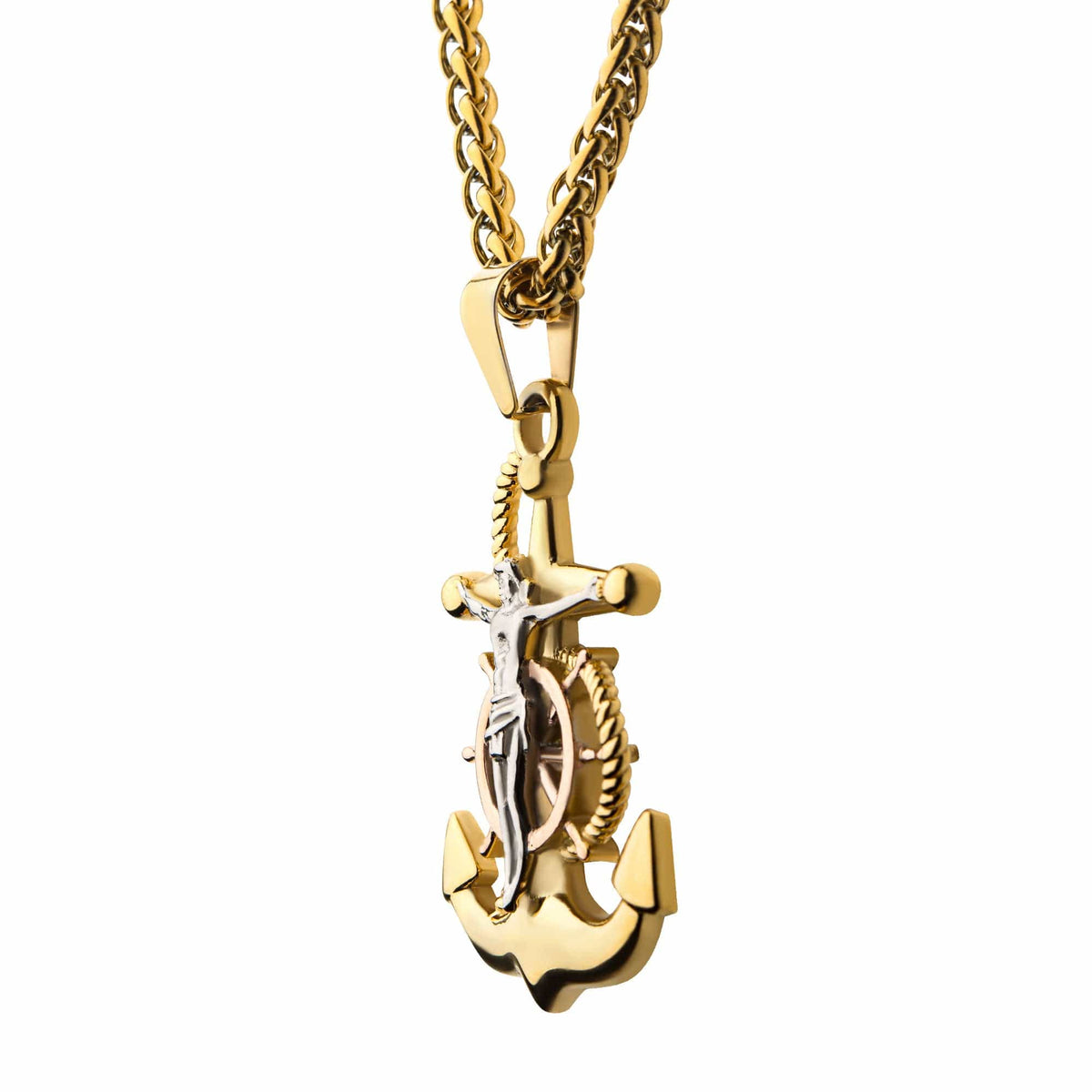 INOX JEWELRY Pendants Golden and Silver Tone Stainless Steel Anchor Design Religious Pendant with Chain SSP22506NK