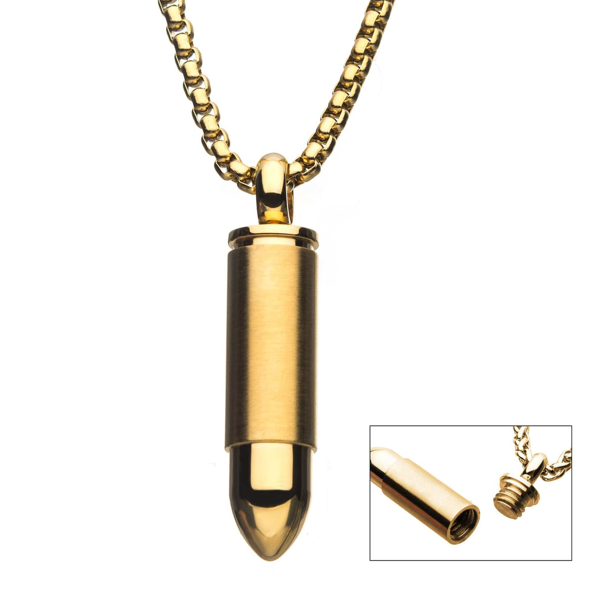 INOX JEWELRY Pendants Golden Tone Stainless Steel Memorial Bullet Pendant with Chain SSP1128GPNK