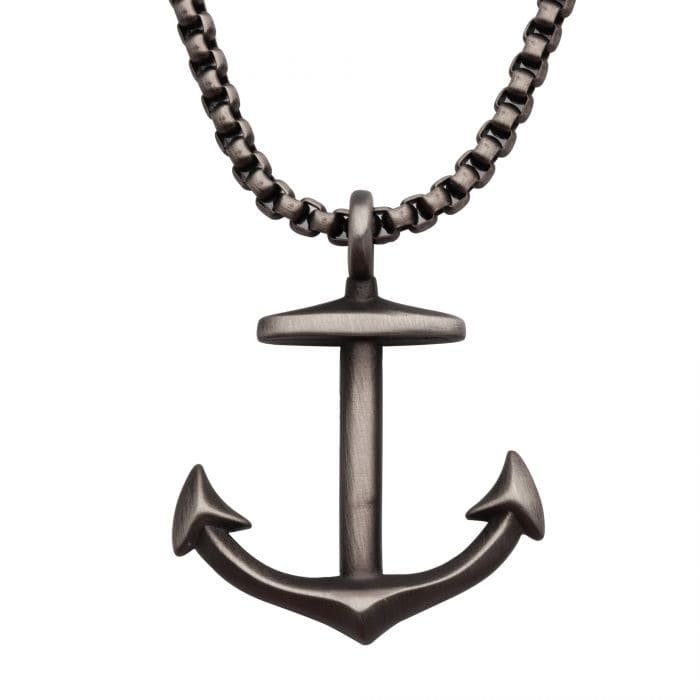 Buy Gun Metal IP Anchor Pendant with Box Chain INOX Jewelry