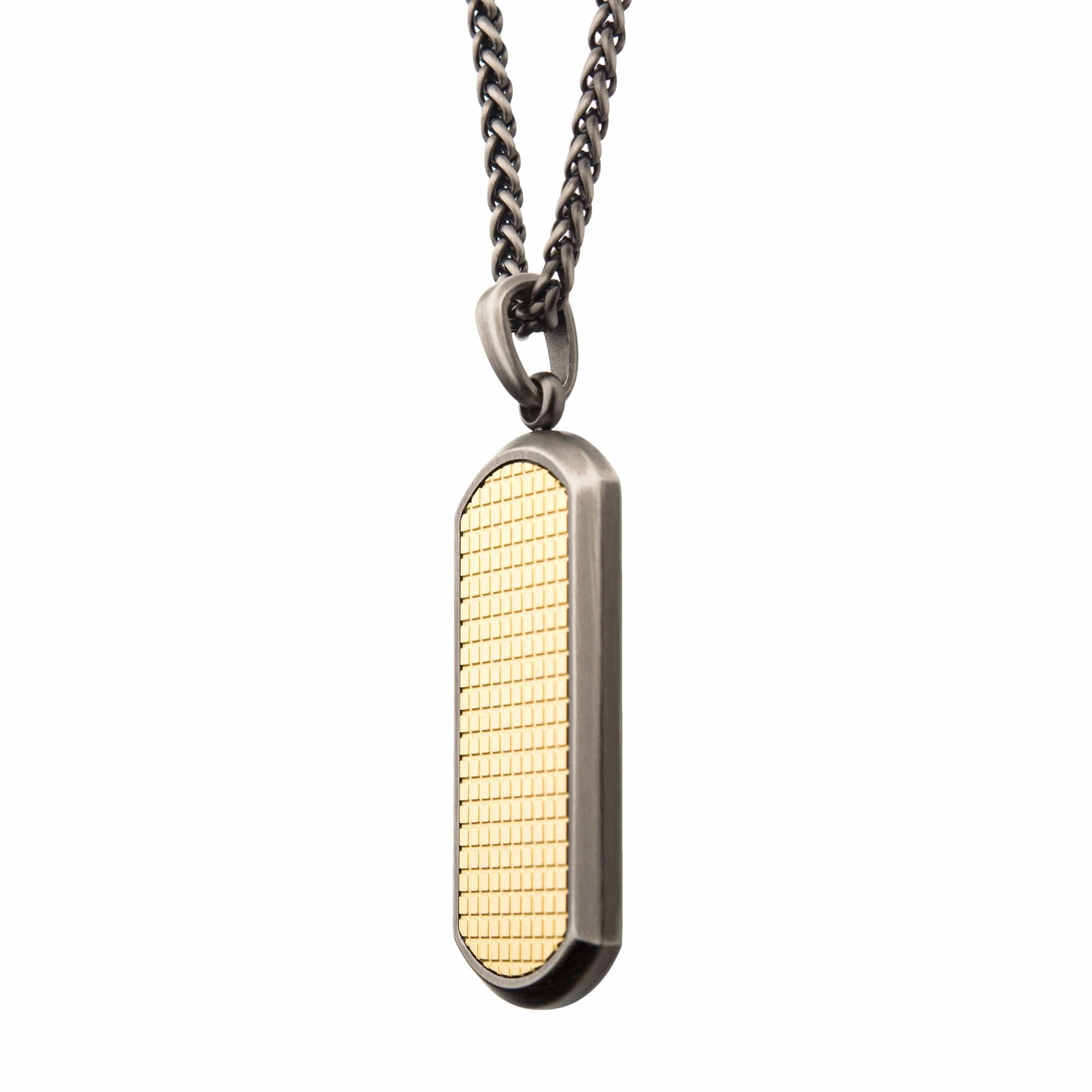 INOX JEWELRY Pendants Gunmetal Silver Tone and Golden Tone Stainless Steel Grid Pattern Inlaid Tag Pendant with Chain SSP22542NK