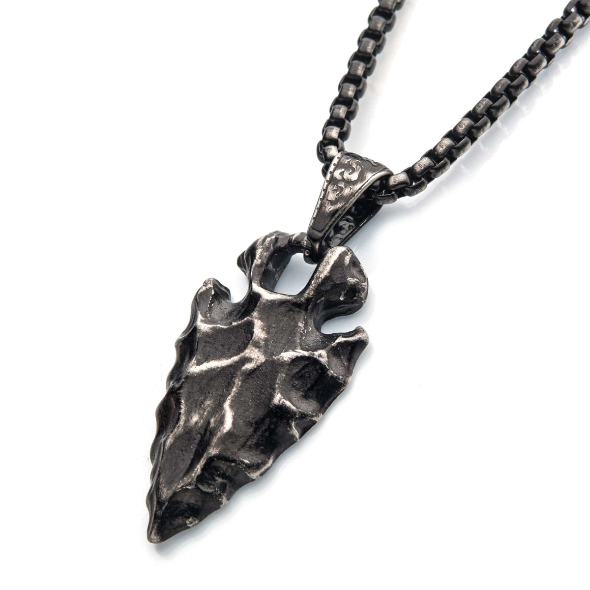 INOX JEWELRY Pendants Gunmetal Silver Tone Stainless Steel Chiseled Arrowhead Pendant with Box Chain SSPWT030GMNK