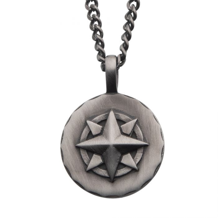 INOX JEWELRY Pendants Gunmetal Silver Tone Stainless Steel Compass Medallion Pendant with Chain SSP14931NK