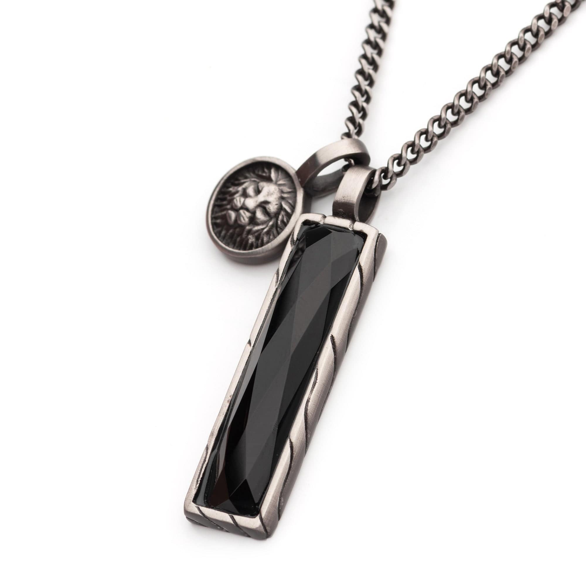 INOX JEWELRY Pendants Gunmetal Silver Tone Stainless Steel Matte Finish African Lion Sigil Black Agate Stone Double Pendant with Curb Chain SSP40271GMNK