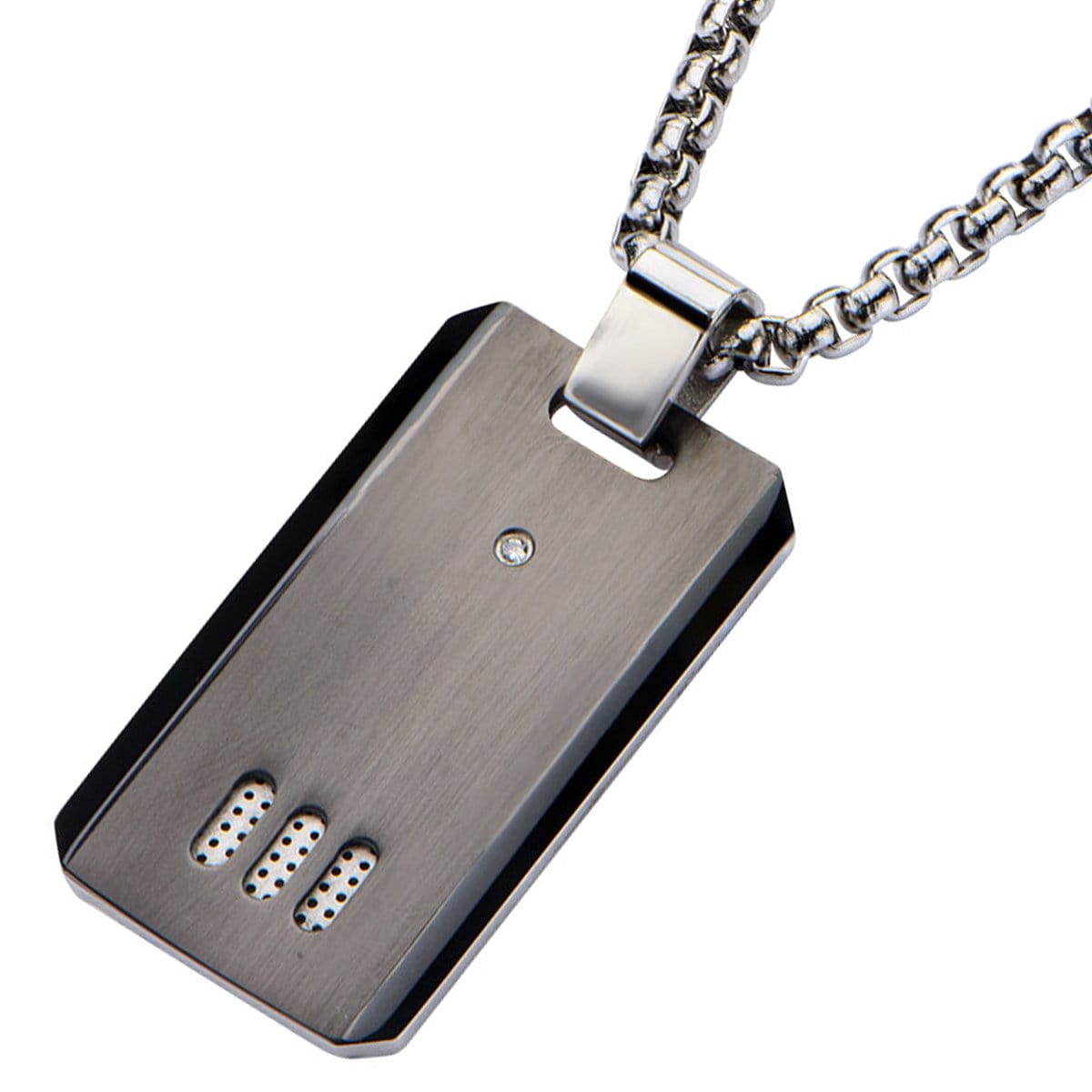 INOX JEWELRY Pendants Gunmetal Silver Tone Stainless Steel Truptych Collection CZ ID Tag SSP102615NK1