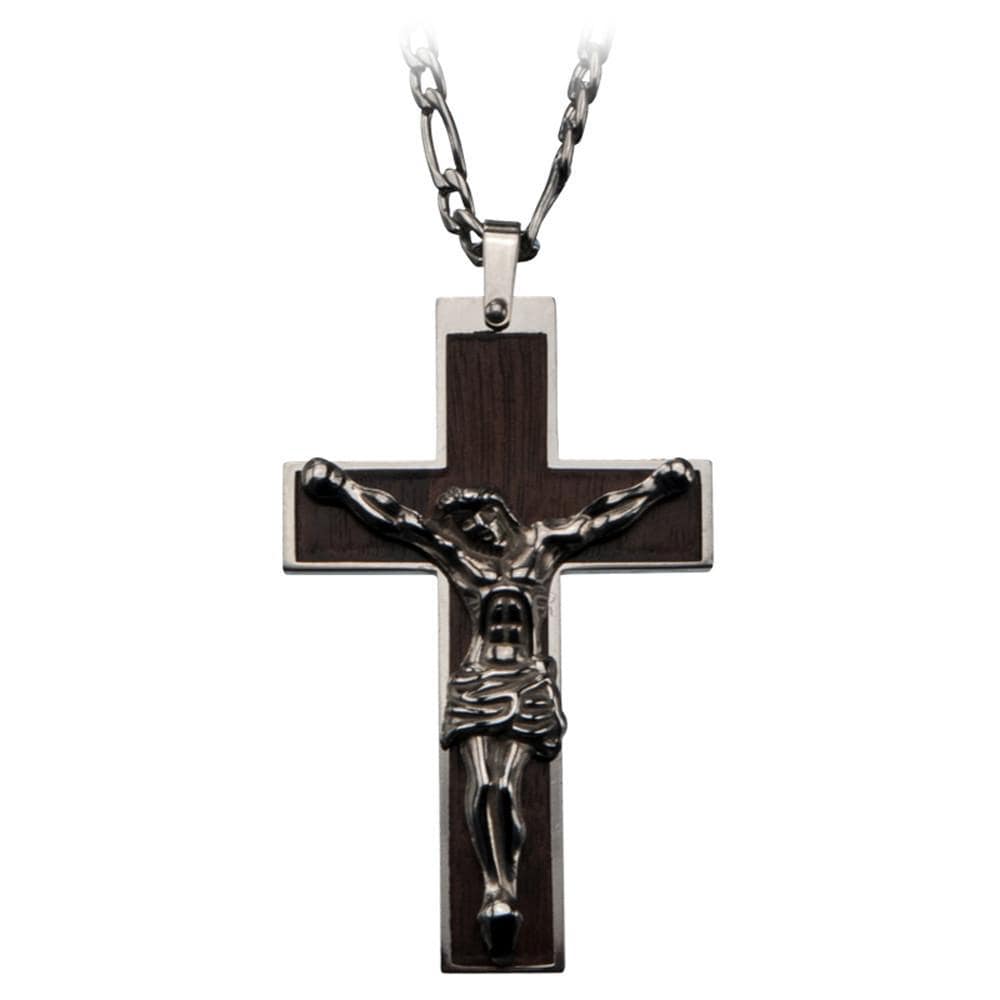INOX JEWELRY Pendants Silver Stainless Steel Jesus on Olive Wood Cross Pendant &amp; Chain SSP2123NK