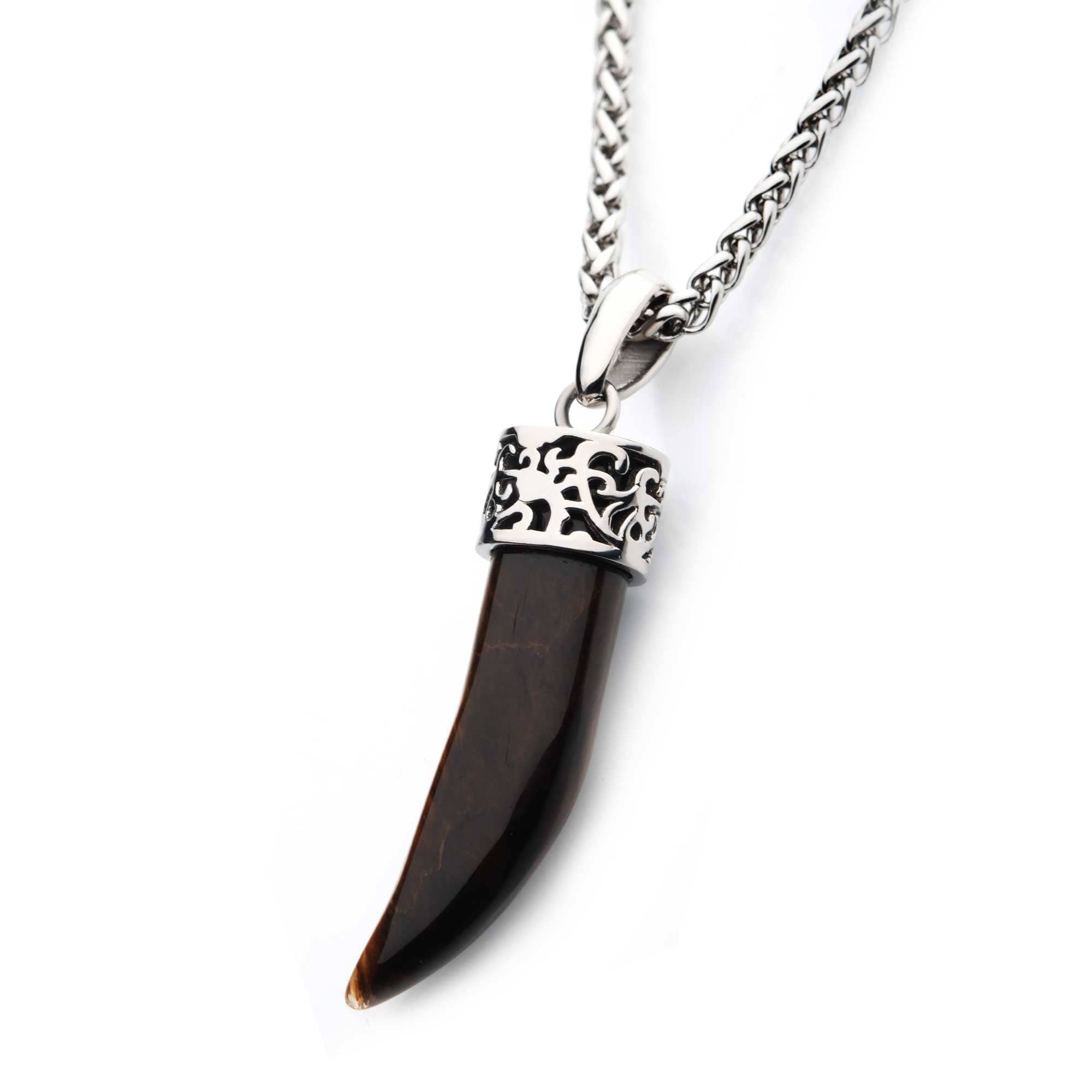 INOX JEWELRY Pendants Silver Stainless Steel Tiger Eye Stone Horn Pendant with Chain SSP20665TENK