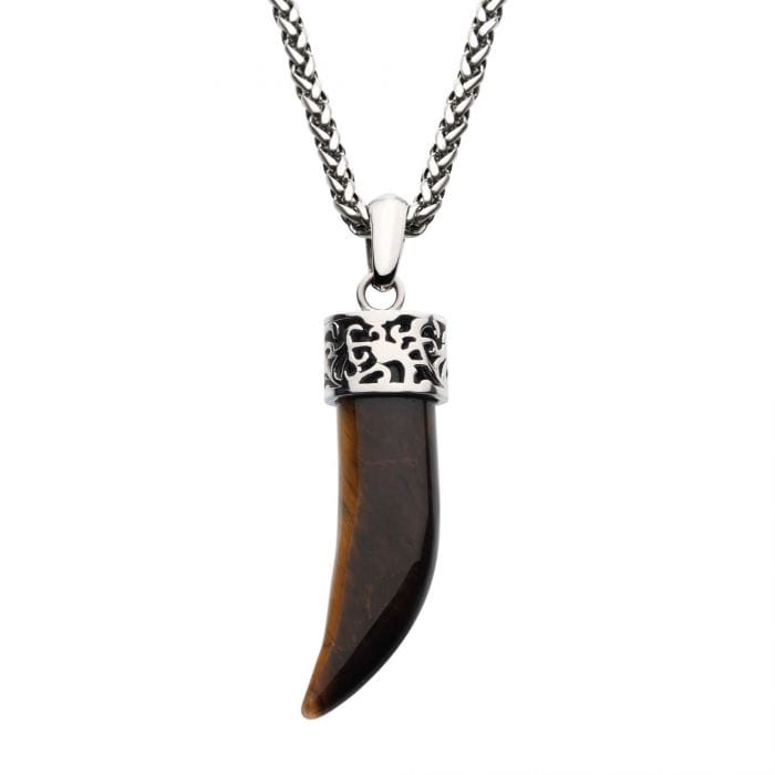 INOX JEWELRY Pendants Silver Stainless Steel Tiger Eye Stone Horn Pendant with Chain SSP20665TENK