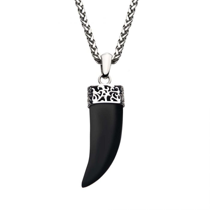 INOX JEWELRY Pendants Silver Stainless Steel with Black Agate Stone Horn Pendant with Chain SSP20665KNK