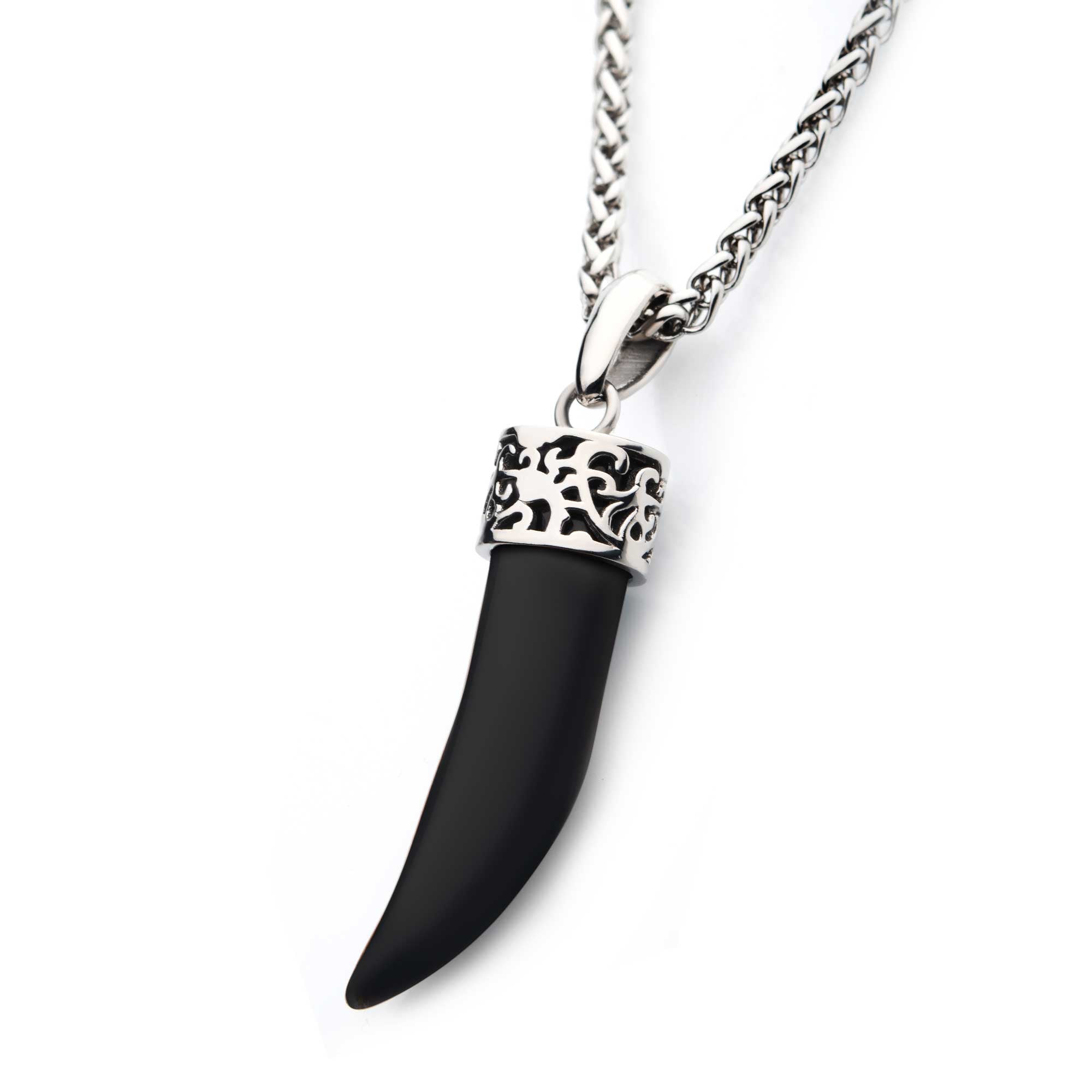 INOX JEWELRY Pendants Silver Stainless Steel with Black Agate Stone Horn Pendant with Chain SSP20665KNK