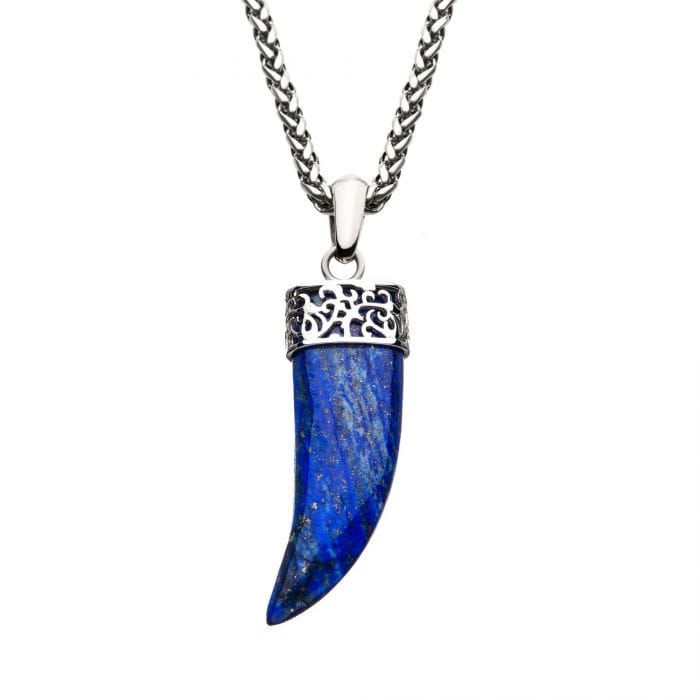 INOX JEWELRY Pendants Silver Stainless Steel with Lapis Lazuli Stone Horn Pendant with Chain SSP20665BNK