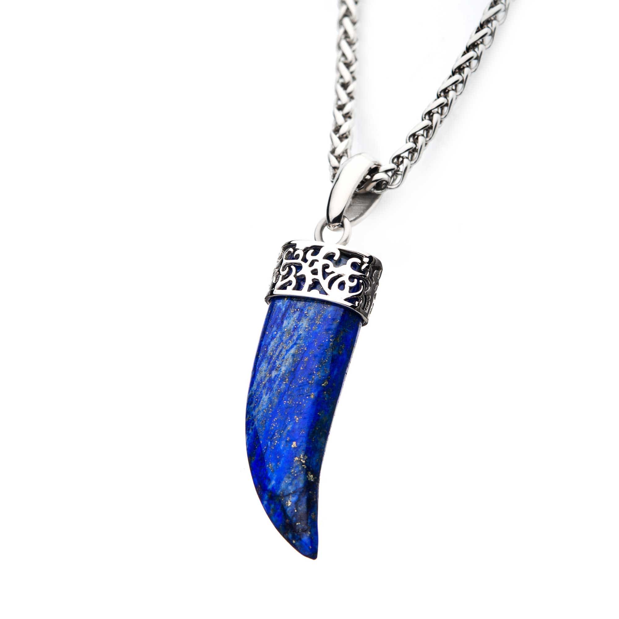 INOX JEWELRY Pendants Silver Stainless Steel with Lapis Lazuli Stone Horn Pendant with Chain SSP20665BNK