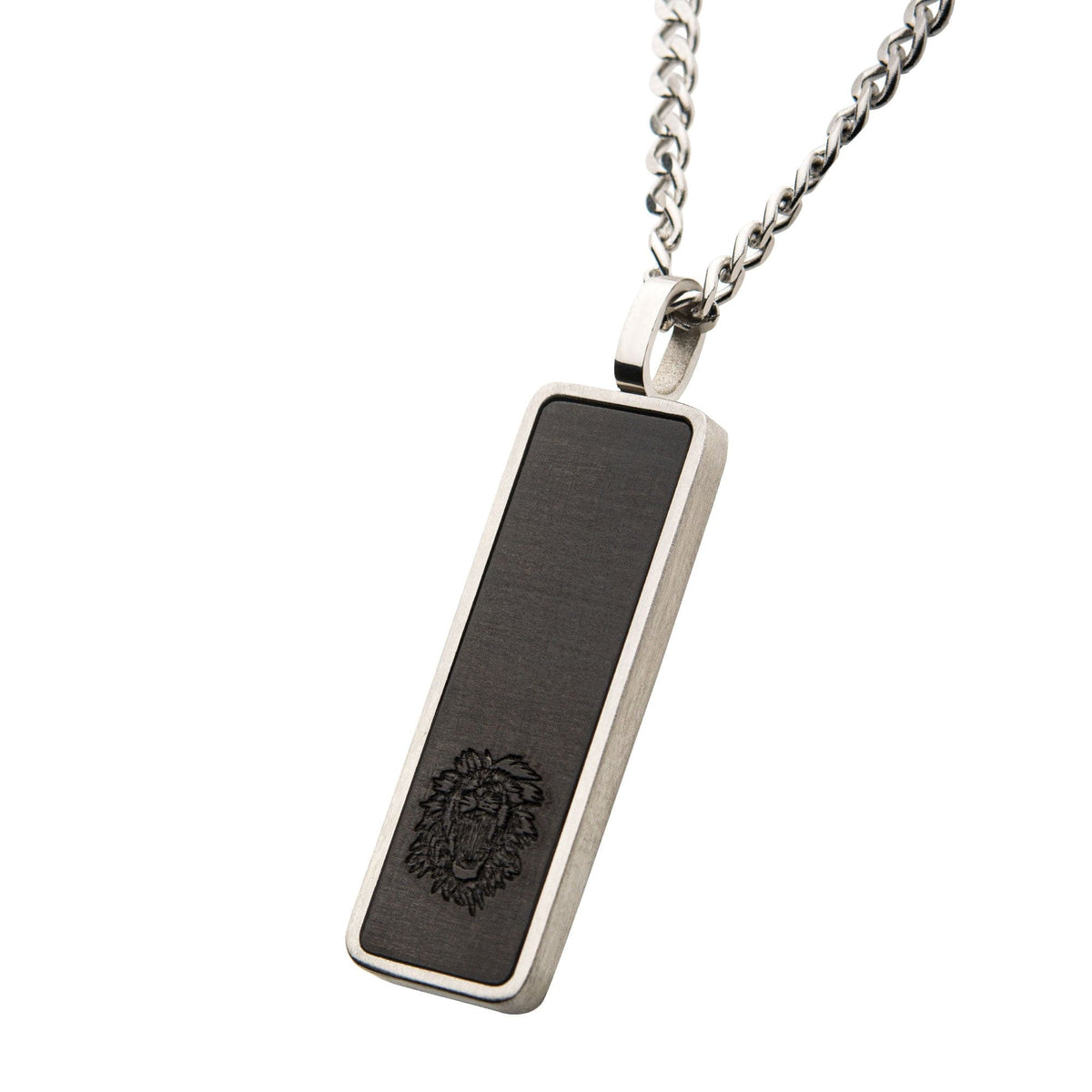 INOX JEWELRY Pendants Silver Tone Stainless Steel Black Carbon Fiber Tag Pendant with Chain SSP13383NK