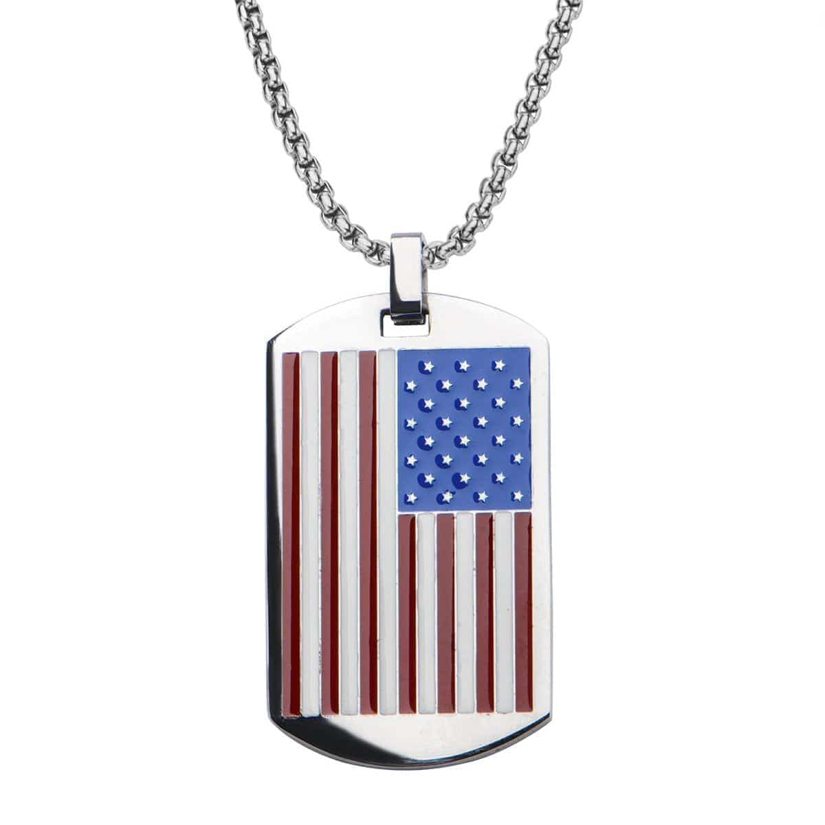 INOX JEWELRY Pendants Silver Tone Stainless Steel Enameled American Flag ID Tag Pendant SSP1030ANK