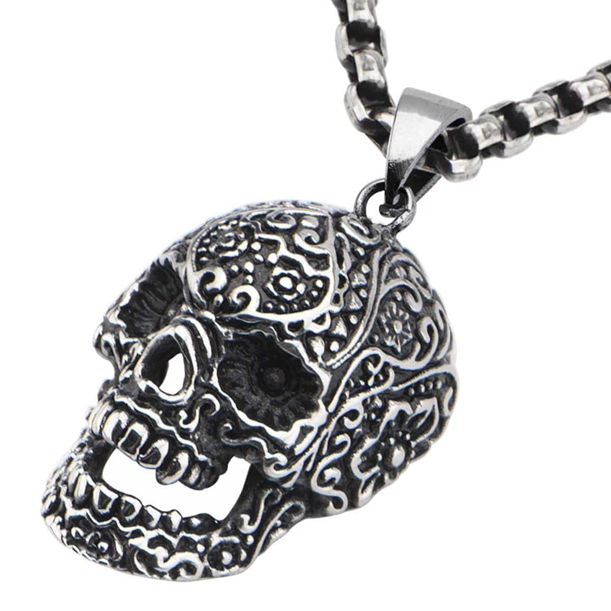 INOX JEWELRY Pendants Silver Tone Stainless Steel Engraved Flower Eye Skull Pendant SSPW8814