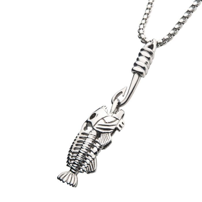 Silver Tone Stainless Steel Fishbone Pendant with Hook on Box Chain ...
