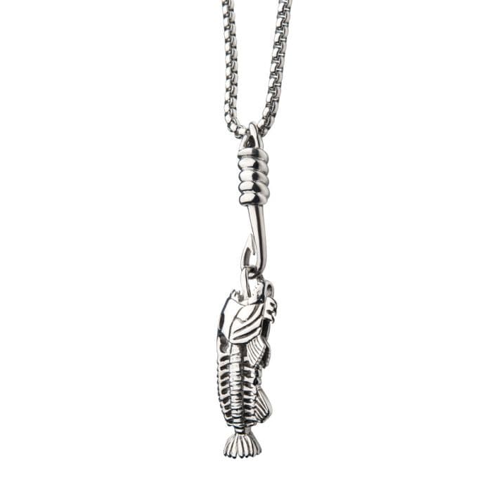 INOX JEWELRY Pendants Silver Tone Stainless Steel Fishbone Pendant with Hook on Box Chain SSPWT019NK