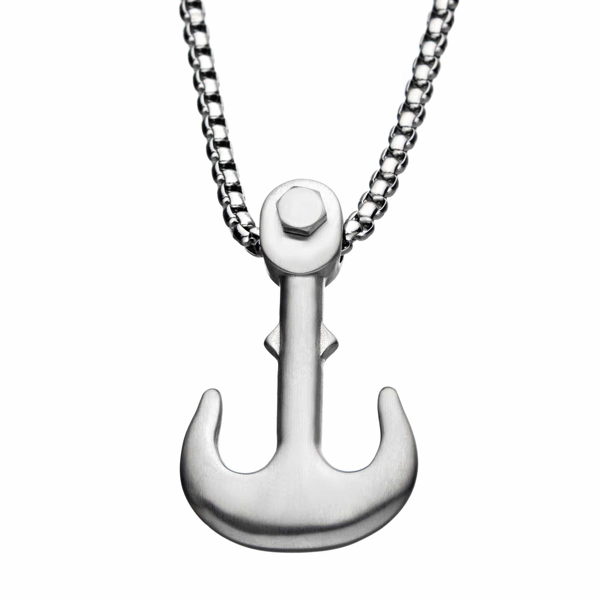 INOX JEWELRY Pendants Silver Tone Stainless Steel Matte Finish Man of War Anchor Pendant with Chain SSP004MNK1