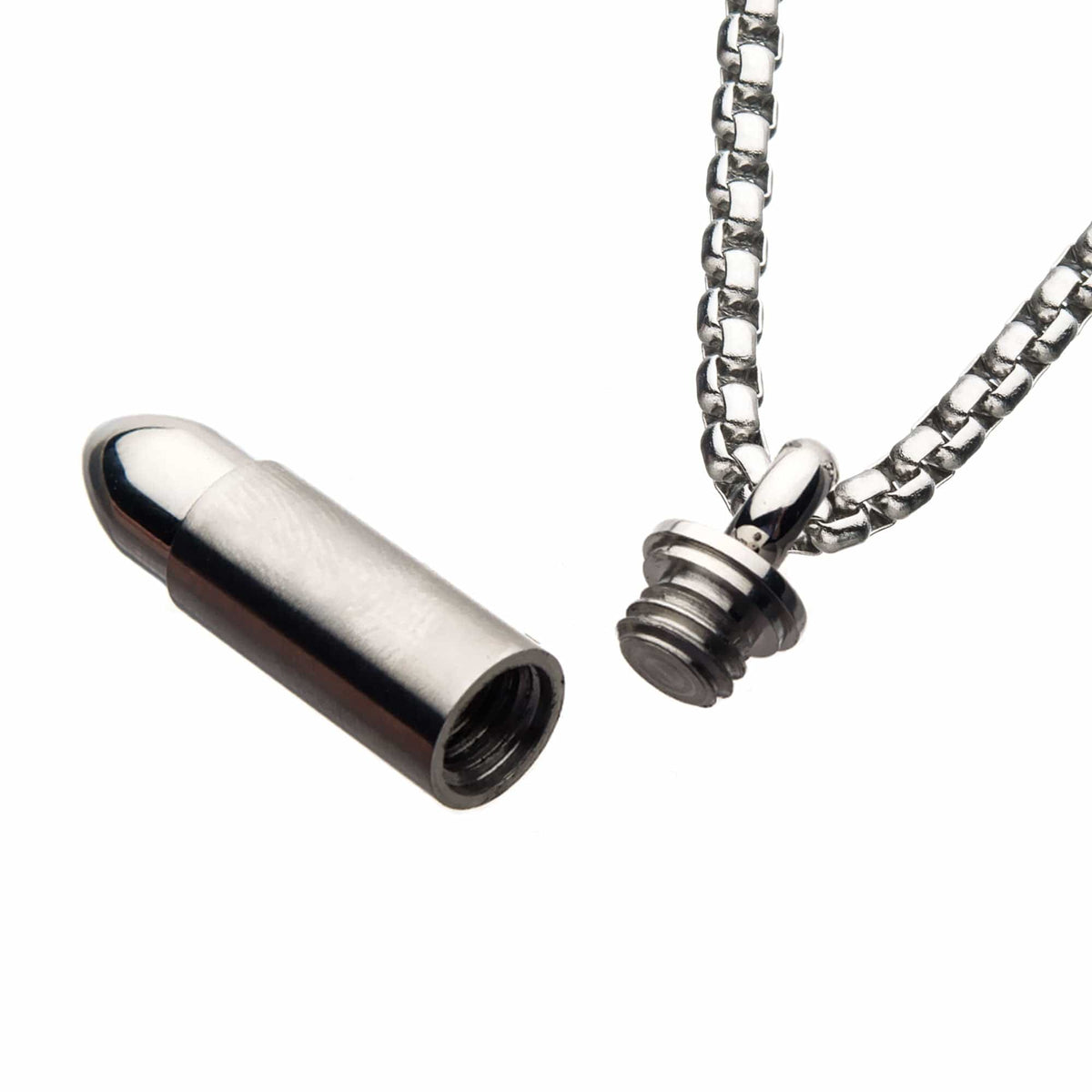 INOX JEWELRY Pendants Silver Tone Stainless Steel Memorial Bullet Pendant with Box Chain SSP1128NK