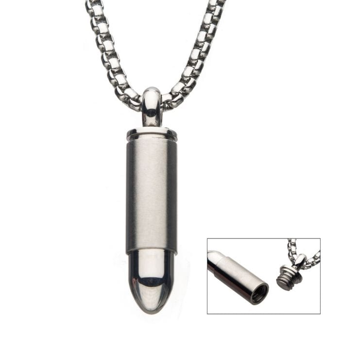 INOX JEWELRY Pendants Silver Tone Stainless Steel Memorial Bullet Pendant with Box Chain SSP1128NK