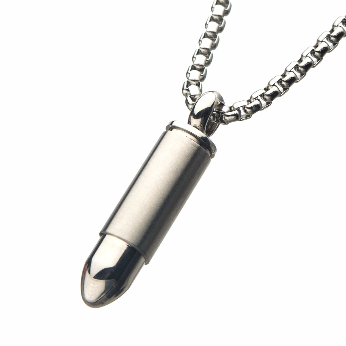 INOX JEWELRY Pendants Silver Tone Stainless Steel Memorial Bullet Pendant with Box Chain SSP1128NK