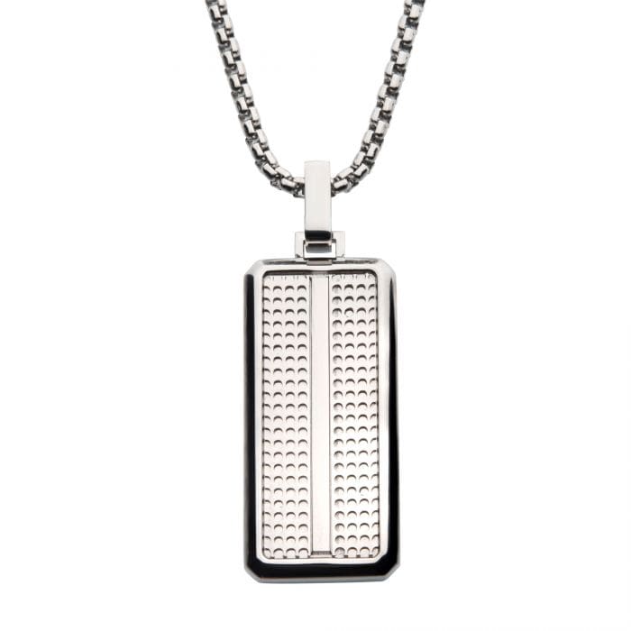 INOX JEWELRY Pendants Silver Tone Stainless Steel Polished Finish Sleek Textured ID Tag Pendant with Bold Box Chain SSP39222NK