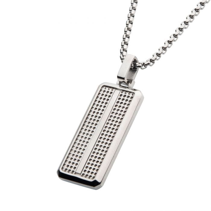 INOX JEWELRY Pendants Silver Tone Stainless Steel Polished Finish Sleek Textured ID Tag Pendant with Bold Box Chain SSP39222NK