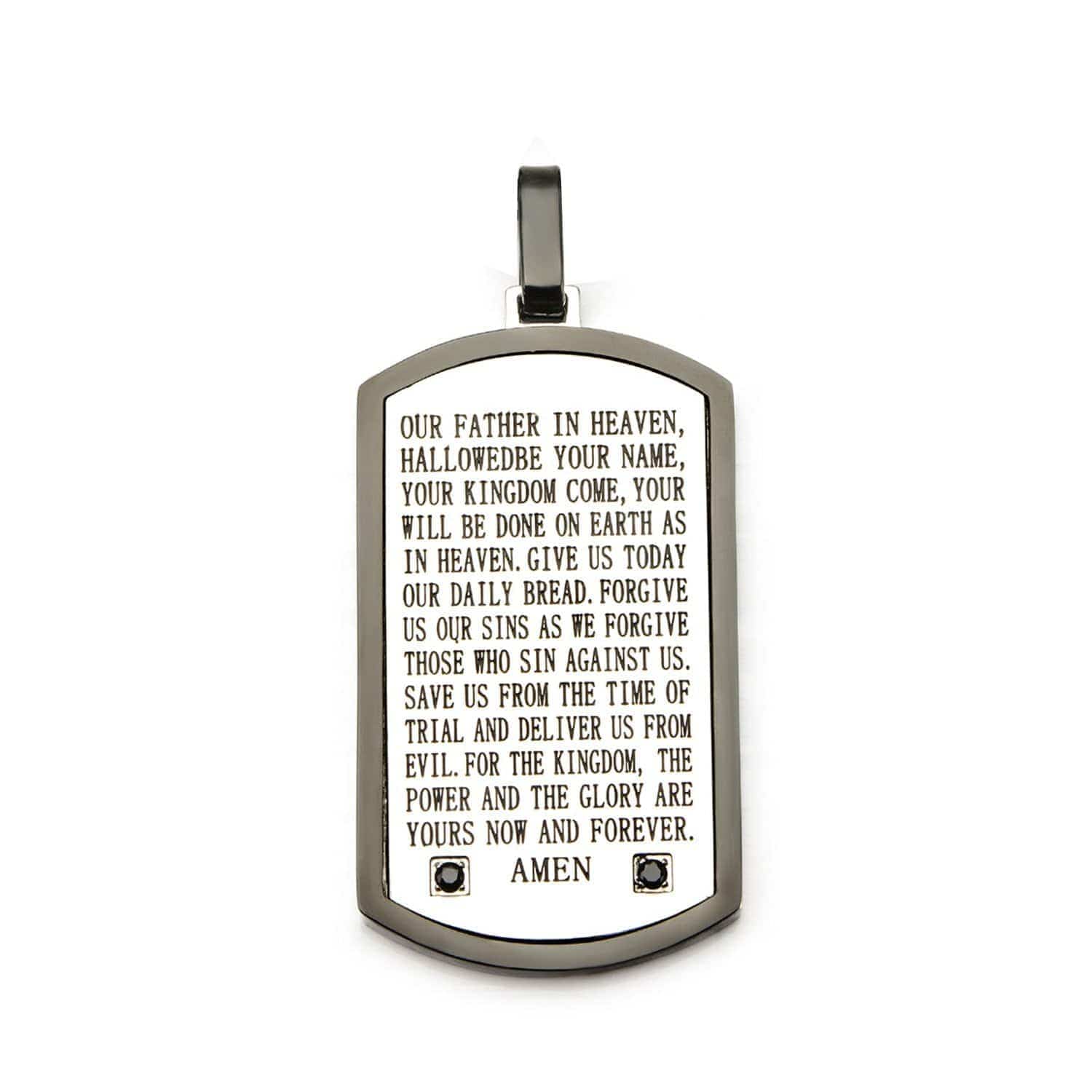 INOX JEWELRY Pendants Silver Tone Stainless Steel with Black CZ Accented Religious Prayer Tag Pendant SSPRA73KNK1