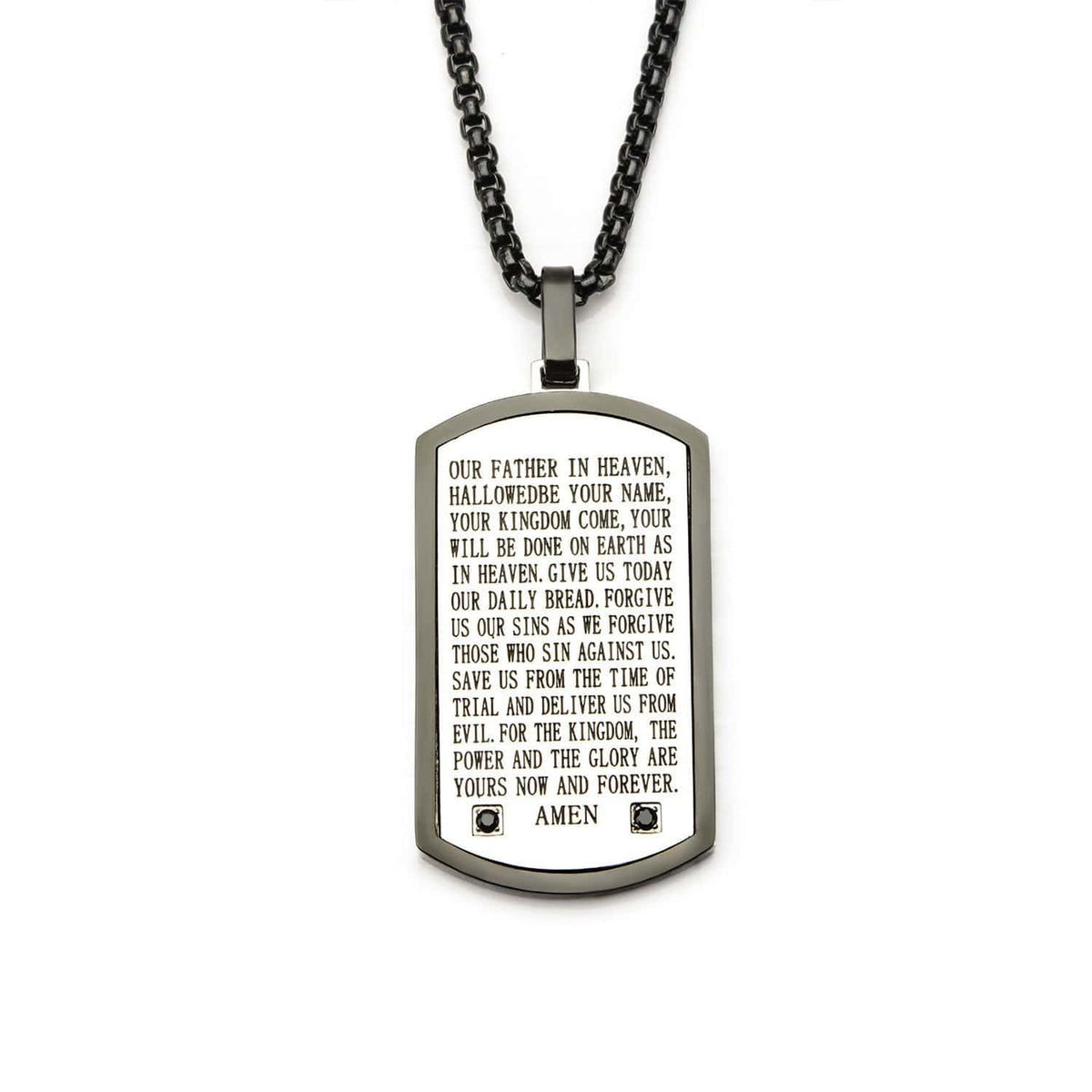 INOX JEWELRY Pendants Silver Tone Stainless Steel with Black CZ Accented Religious Prayer Tag Pendant SSPRA73KNK1