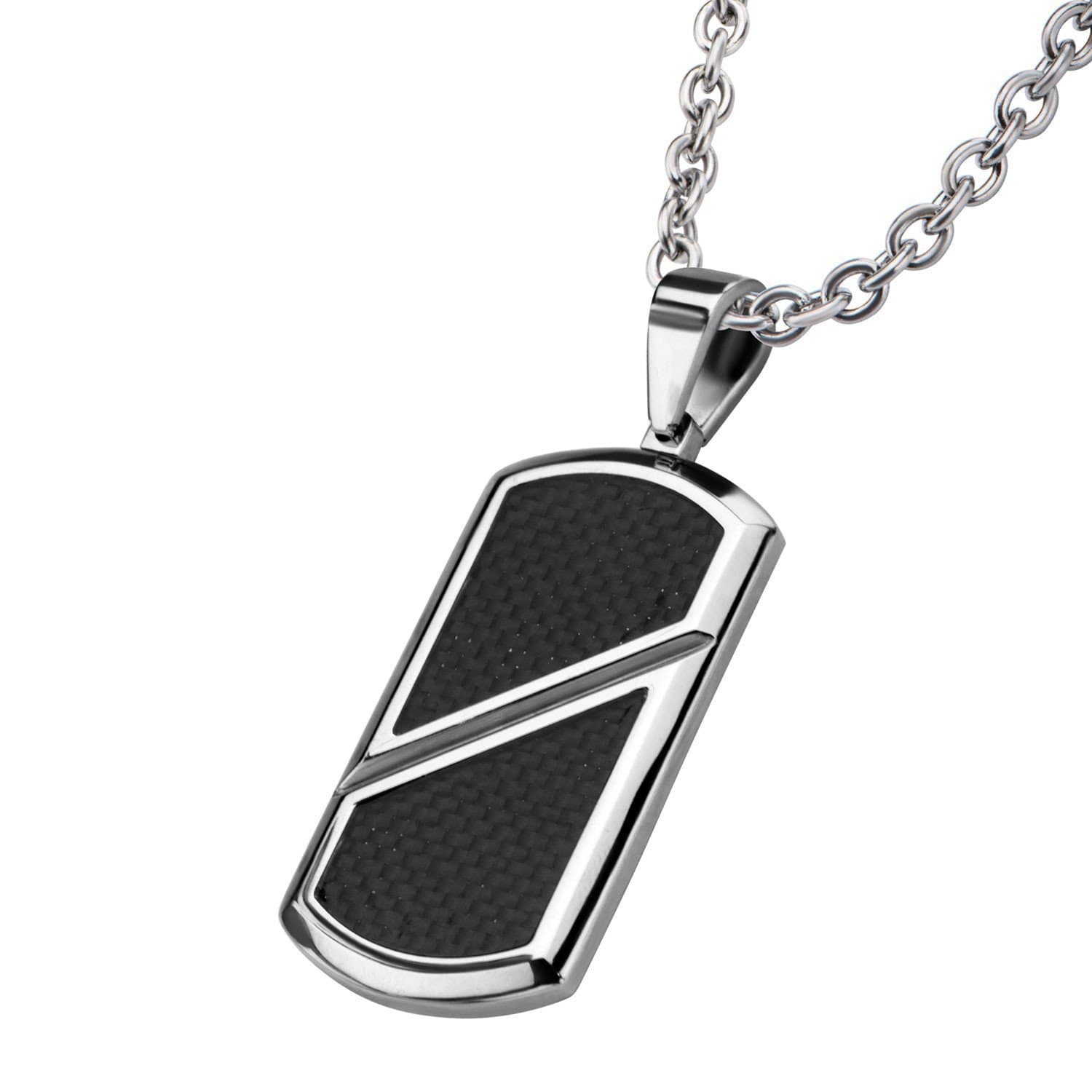 INOX JEWELRY Pendants Silver Tone Stainless Steel with Inlaid Black Carbon Fiber ID Tag SSP2409NK1