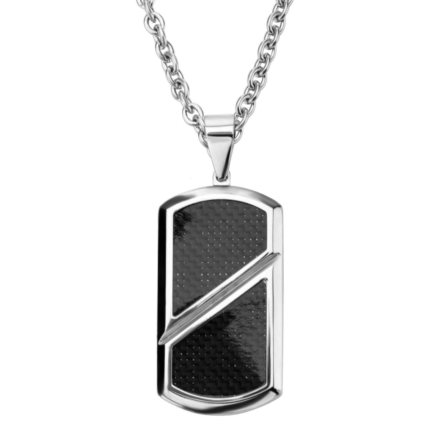 INOX JEWELRY Pendants Silver Tone Stainless Steel with Inlaid Black Carbon Fiber ID Tag SSP2409NK1
