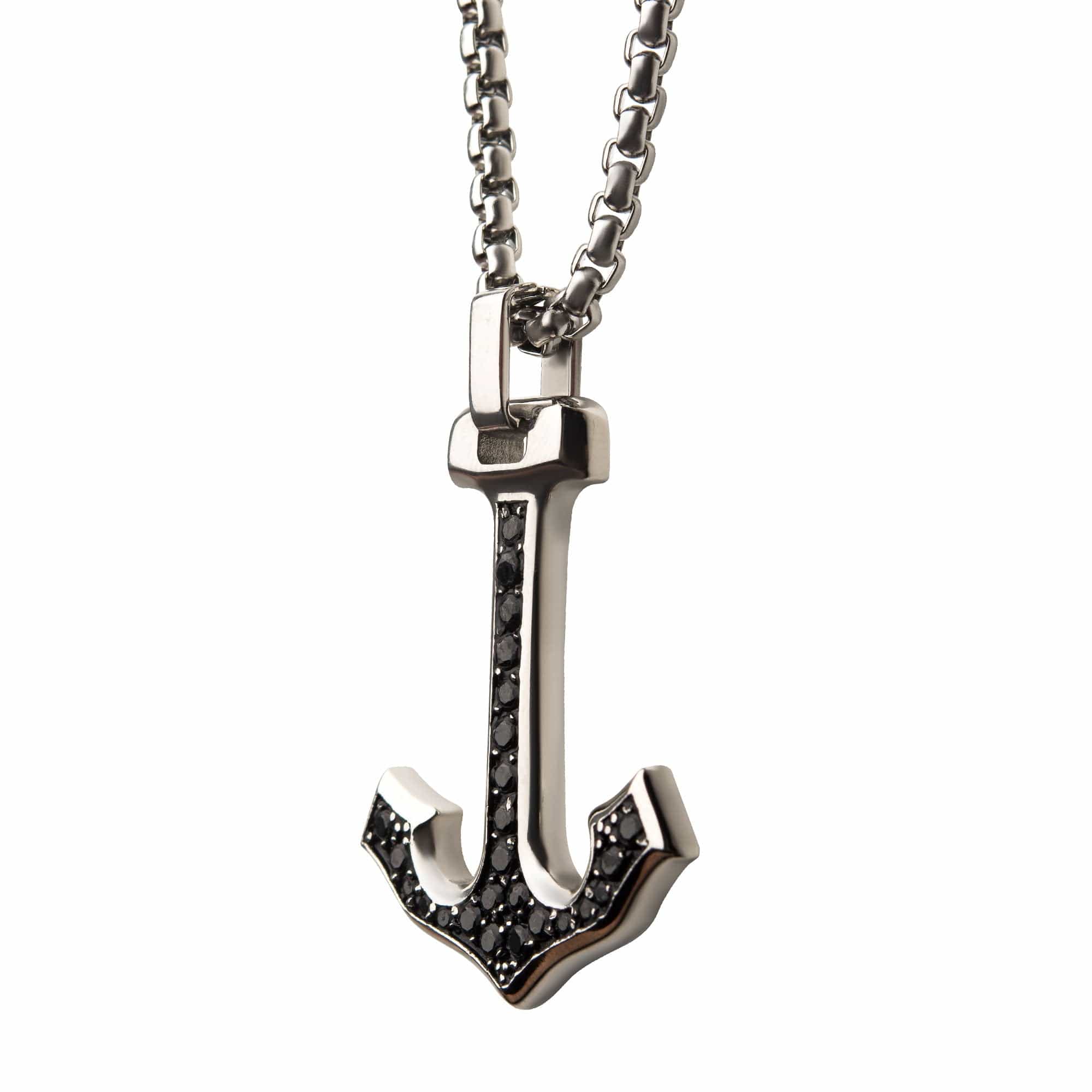 INOX JEWELRY Pendants Silver Tone Stainless Steel with Inlaid Black CZ Anchor Design Pendant and Chain SSP22346NK