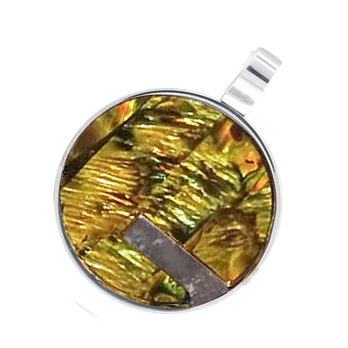 INOX JEWELRY Pendants Silver Tone Stainless Steel with Iridescent Abalone Shell Round Pendant SSP114-N