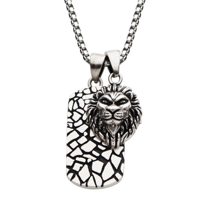 INOX JEWELRY Pendants Stainless Steel with 3D Lion Head Dog Tag Pendant, with Antique Silver Plated Chain SSP22665ASNK