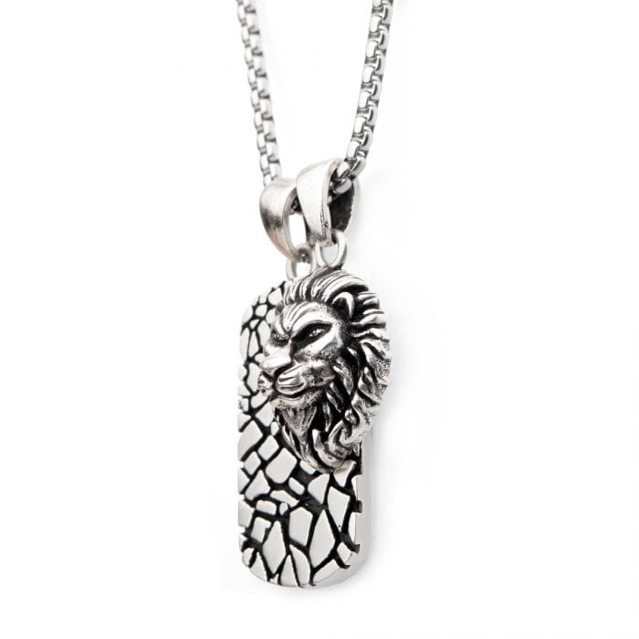 INOX JEWELRY Pendants Stainless Steel with 3D Lion Head Dog Tag Pendant, with Antique Silver Plated Chain SSP22665ASNK