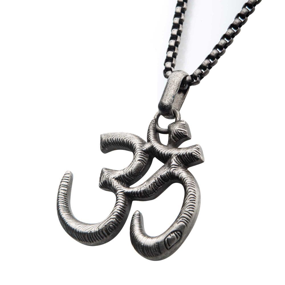 INOX JEWELRY Pendants Stainless Steel with Antique Finish OM Symbol Pendant, with Steel Box Chain SSP22667SMNK
