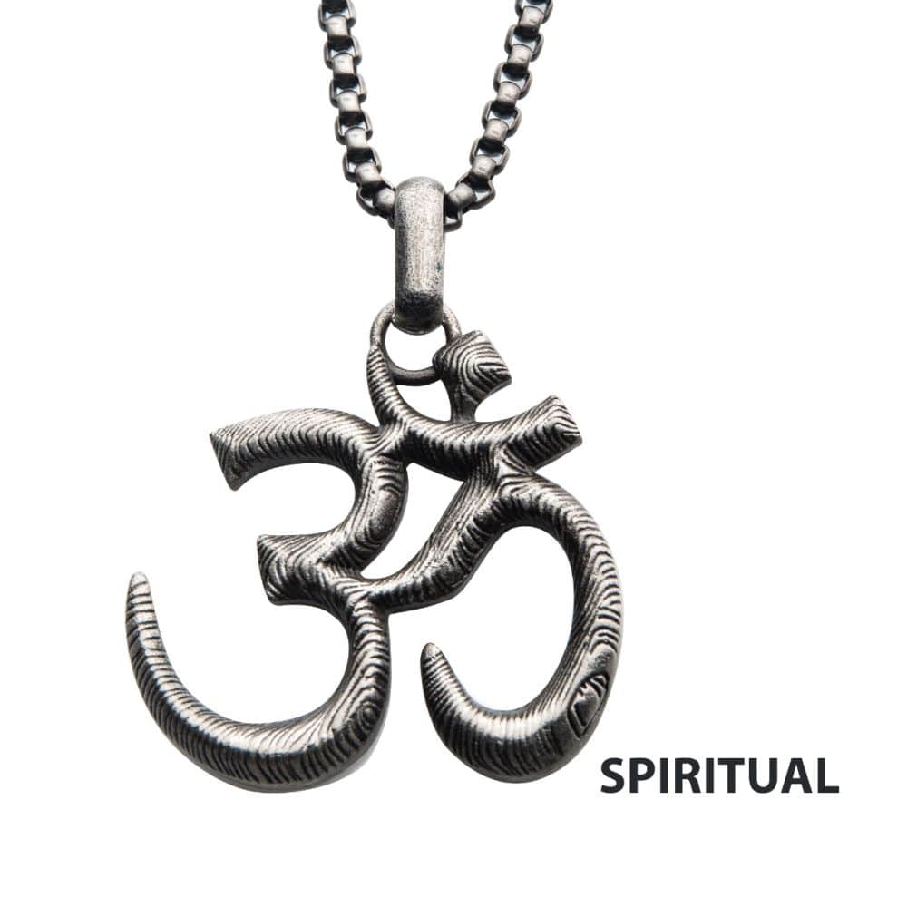 INOX JEWELRY Pendants Stainless Steel with Antique Finish OM Symbol Pendant, with Steel Box Chain SSP22667SMNK