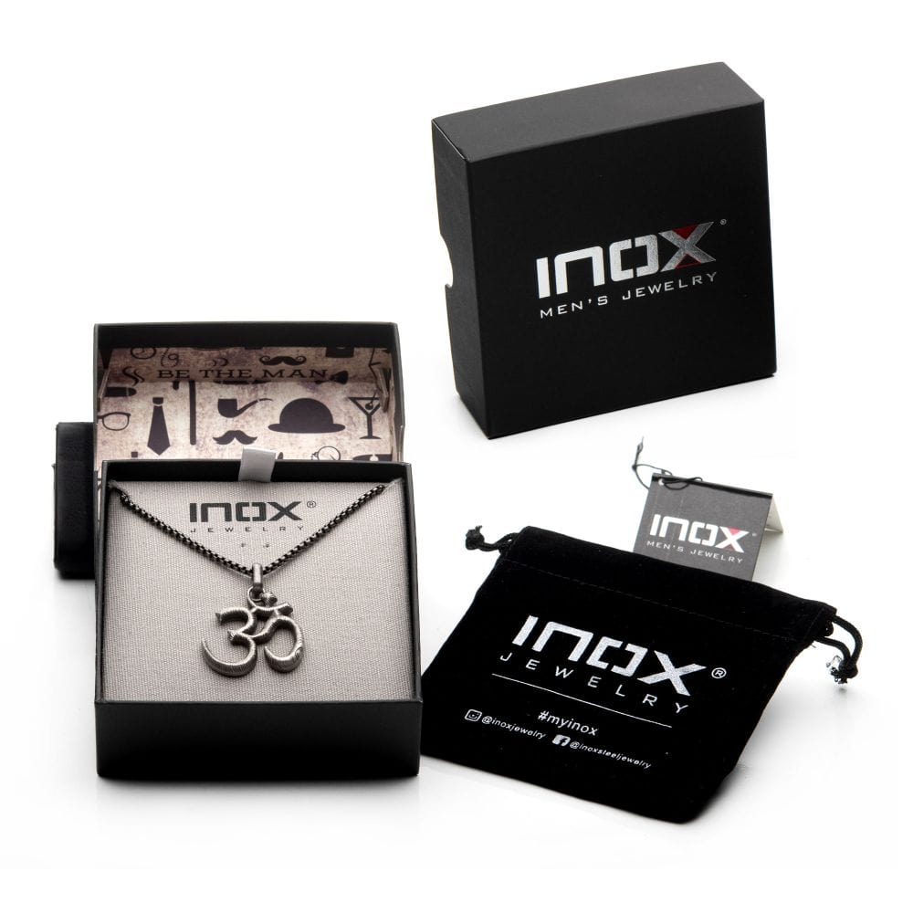 INOX JEWELRY Pendants Stainless Steel with Antique Finish OM Symbol Pendant, with Steel Box Chain SSP22667SMNK