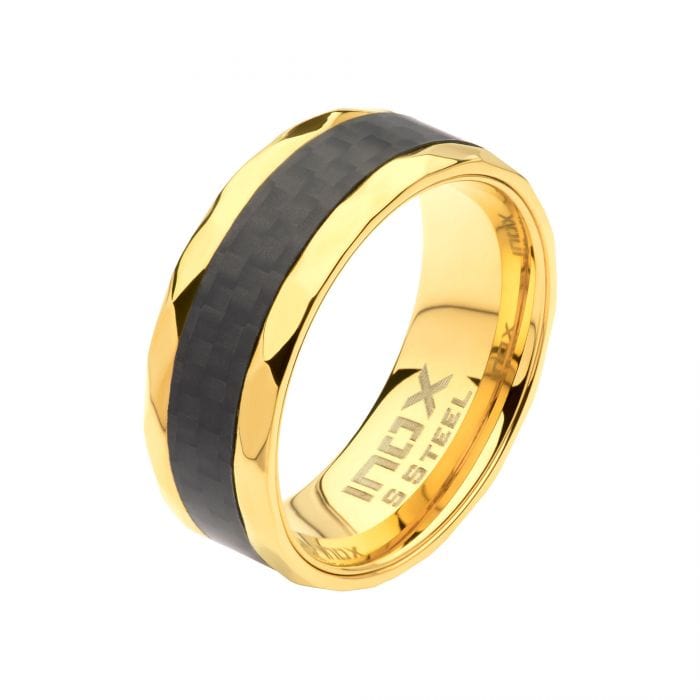 INOX JEWELRY Rings 18K Golden Tone Ion Plated 8mm Carbon Fiber Faceted Comfort Fit Ring