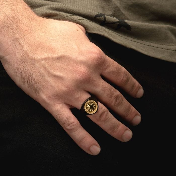 18K Gold IP Stainless Steel Wayfinder Compass Signet Ring - INOX