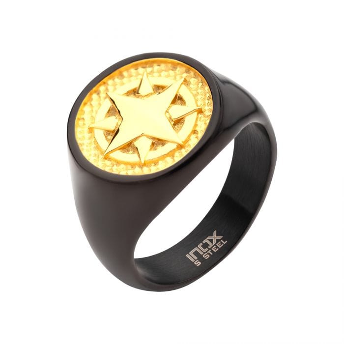 INOX JEWELRY Rings 18K Golden Tone Ion Plated Black Stainless Steel Wayfinder Compass Signet Ring